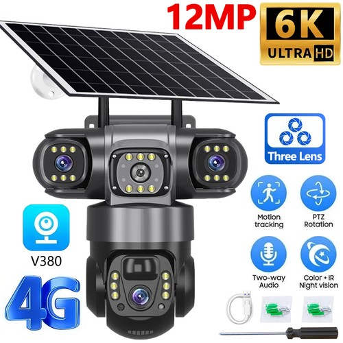 16 MP 4G SIM Solar Security IP Camera Outdoor 4 Lens PTZ CCTV Motion Detection