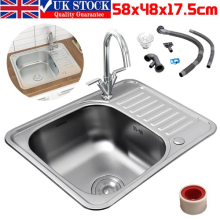 Inset Kitchen Stainless Steel Sink Rectangle Single Bowl W/ Drainer Waste Kit UK