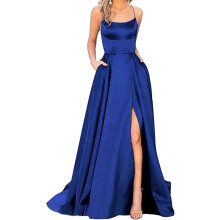 Vestido satinado elegante para mujer, maxi de noche, con bolsillos, azul marino M — vestido fiesta largo