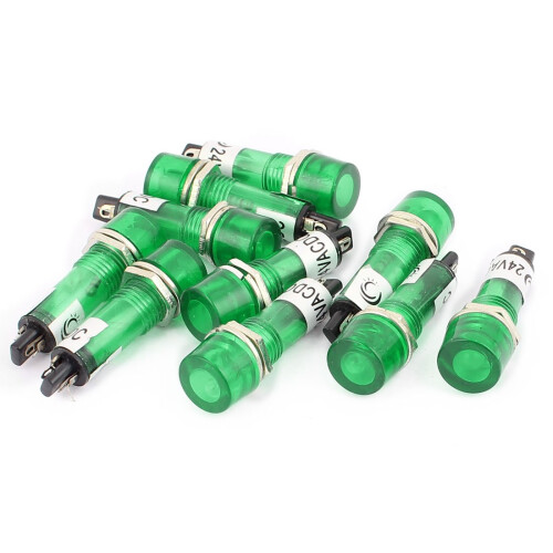 10 Pcs AC/DC 24V 2 Terminals Green Light Signal Threaded Indicator Lamp