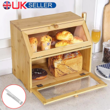 Double Layer Bamboo Wooden Bread Box Storage Container for Kitchen Countertop UK