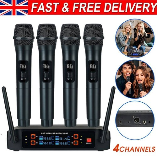 Wireless Microphones, 4 Channel UHF Microphone with Rechargeable Long-Distanc