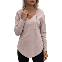 Sudadera con Capucha para Mujer Textura Waffle Escote en V Elegante Casual Rosa XL — jersey mujer invierno