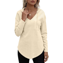 Sudadera con Capucha para Mujer Textura Waffle Escote en V Elegante Casual Beige L — jersey mujer invierno