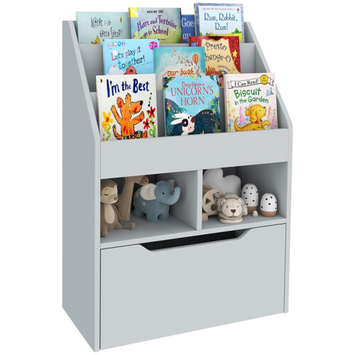 Kids Bookshelf with Drawer and Storage Compartments Grey