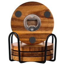 2-in-1 Wood Coasters with Bottle Opener, Set of 4 with Holder- Coasters with Stainless Steel Openers & Non-Slip Feet