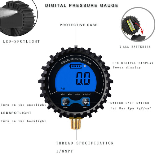 Dial Size Digital Pressure Gauge 0-200 Psi/Kpa/Bar/kgf cm² Lower 1