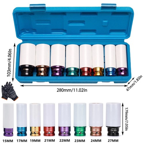 8Pcs 1/2" Drive Alloy Wheel Nut Thin Wall Deep Impact Socket Set 15 mm-27 mm 1