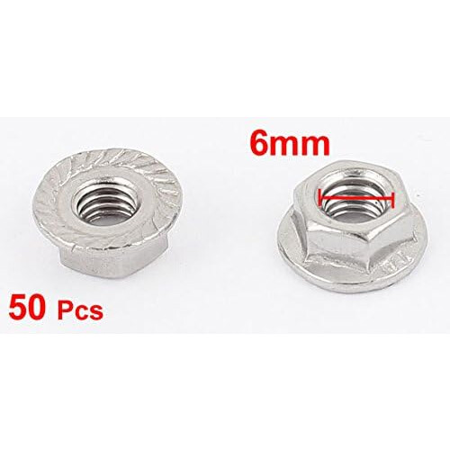 6mm Thread Dia Stainless Steel Hex Flange Lock Nuts Silver Tone 50Pcs 2