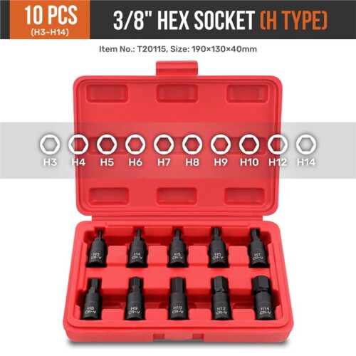 10PC 3/8" Drive Socket Set H3-14/T20-60 with Red Case, Professional Torx/Hex Tool Kit for Auto Maintenance Hex Type 1