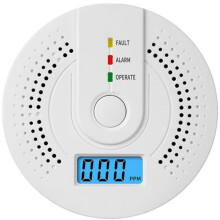 Koolmonoxidemelder met akoestisch en lichtalarm, digitaal display, led-indicator en testknop voor thuis en op reis.