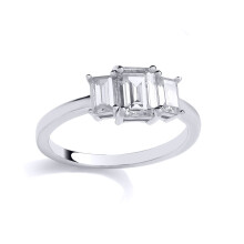 (M) Jewelco London Rhodium Plated Sterling Silver Emerald CZ Ice Block Art Deco Graduated Trilogy Engagement Ring - GSR1058