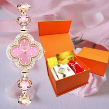 Elegante set da donna con orologio al quarzo Clover, anello e bracciale abbinati, set regalo di gioielli da 3 pezzi.