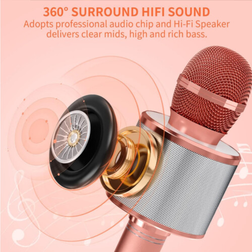 Ασύρματο μικρόφωνο καραόκε Bluetooth Rose Gold 4 σε 1 με ηχείο LED για παιδιά και ενήλι 1