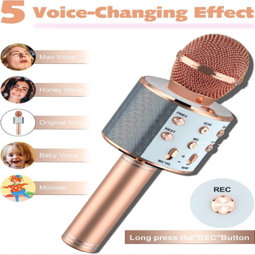 Ασύρματο μικρόφωνο καραόκε Bluetooth Rose Gold 4 σε 1 με ηχείο LED για παιδιά και ενήλι 2