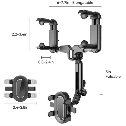 Car Phone Mount for Rear View Mirror, 360 Degree Rotatable Retractable Holder with Adjustable Grip 1