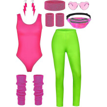(Fluorescent Green, X-Large) 8 Pieces Women 80s Workout Costume Halloween 90s Outfit Accessories Set Leotard Bum Bag Glasses Headband Leg Warmers