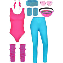(Fluorescent Blue, Large) 8 Pieces Women 80s Workout Costume Halloween 90s Outfit Accessories Set Leotard Bum Bag Glasses Headband Leg Warmers