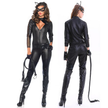 (B, L) Black Catsuit For Women Leather Jumpsuit Adult Black Cat Costume
