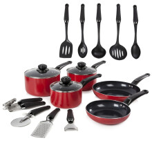 Swan Townhouse 14 Piece Aluminium Cookware and Tool Set with 16/18/20cm Saucepans with Glass Lids and 20/26cm Frying Pans, Red, SWPS5022RED