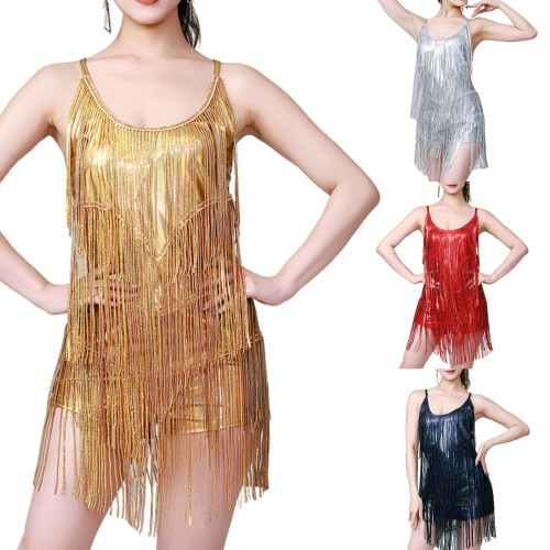 Costume de danse latine, robe à franges dos nu,-Argent M 2