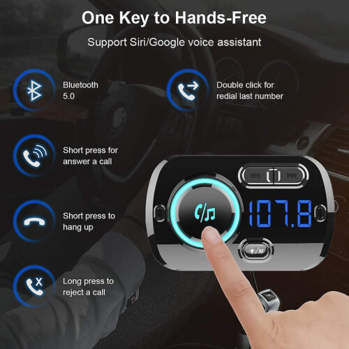 FM-zender Bluetooth 5.0, Bluetooth autoradiozender handsfree carkit QC3.0 USB-autolader, 2