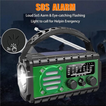 Radio AM/FM z Korbką Ręczną i Ładowaniem USB, Latarka, Dźwięk SOS