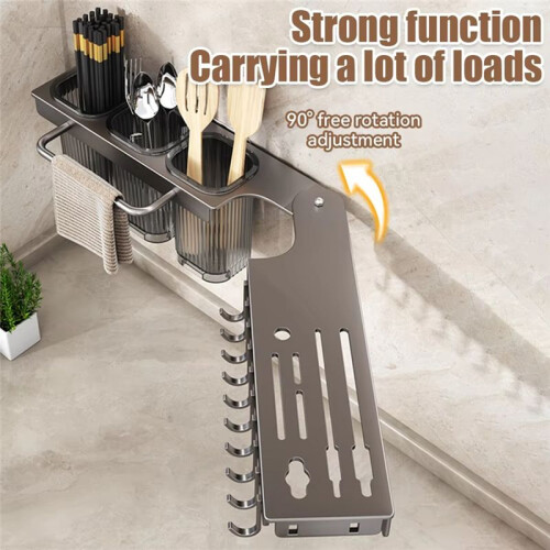 Wall-Mounted Multi-Functional Knife Holder - Folding Shelf for Kitchen, Includes Chopsticks Tube and Cutter Storage 2