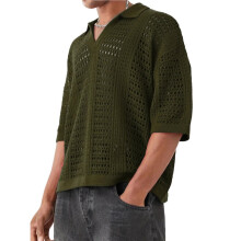 Herren-Häkelstrickhemd, Kurzarm, mit Lochmusterkragen, Sommerhemd, Vintage-Urlaubskleidung Armeegrün XXL
