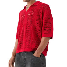 Herren-Häkelstrickhemd, Kurzarm, mit Lochmusterkragen, Sommerhemd, Vintage-Urlaubskleidung Rot S