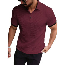 Men'S Casual Po-Lo Shirt Knitted Textured Short Sleeve for Shirt Summer Beach Collared Shirts Wine Red M