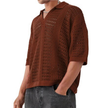 Herren-Häkelstrickhemd, Kurzarm, mit Lochmusterkragen, Sommerhemd, Vintage-Urlaubskleidung  XXL