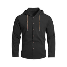 Langarm-Leinenhemd für Herren mit Knopfleiste, Sommerliches, Lässiges Strandhemd im Hawaii-Stil, Leichte Kapuzenpullover Schwarz XXL