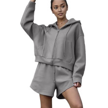 Women Casual Tracksuit Cropped Hoodie with Pockets and Drawstring Shorts 2 Piece Loungewear Outfit Dark Gray M
