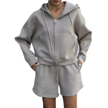 Damen-Freizeitanzug: Kurzer Hoodie mit Taschen und Shorts mit Kordelzug, 2-Teiliges Loungewear-Outfit Hellgrau XL