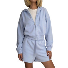 Damen-Freizeitanzug: Kurzer Hoodie mit Taschen und Shorts mit Kordelzug, 2-Teiliges Loungewear-Outfit Hellblau S