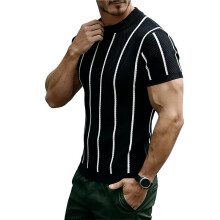 Herren-T-Shirts, Kurzarm, Strickpullover, Lässiges Rundhals-Streifen-Shirt Schwarz XXL
