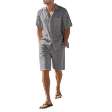 Mäns Linneblandning Kortärmad Skjorta & Shorts Set, Avslappnad Sommar 2-Delad Outfit Grå XXXL