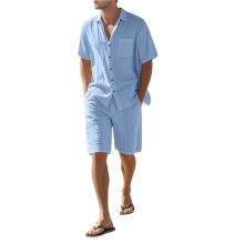 Mäns Linneblandning Kortärmad Skjorta & Shorts Set, Avslappnad Sommar 2-Delad Outfit Ljusblå S