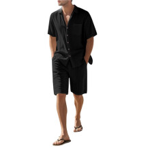 Mäns Linneblandning Kortärmad Skjorta & Shorts Set, Avslappnad Sommar 2-Delad Outfit Svart XL