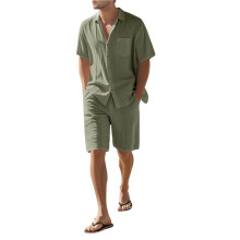 Mäns Linneblandning Kortärmad Skjorta & Shorts Set, Avslappnad Sommar 2-Delad Outfit Armégrön XL