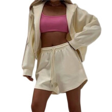 Damen-Freizeitanzug: Kurzer Hoodie mit Taschen und Shorts mit Kordelzug, 2-Teiliges Loungewear-Outfit Cremeweiß M