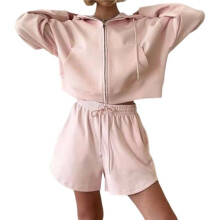 Damen-Freizeitanzug: Kurzer Hoodie mit Taschen und Shorts mit Kordelzug, 2-Teiliges Loungewear-Outfit Rosa XL