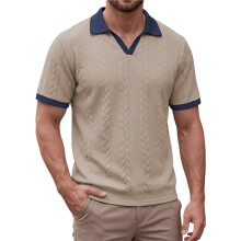 Heren V-Hals Shirt Korte Mouw Textuur Casual Zomer voor Shirts Khaki M