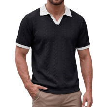 Herren-Polohemd mit V-Ausschnitt, Kurzen Ärmeln, Strukturierter Oberfläche, Lässig, Sommerlich, für Golfer Schwarz M