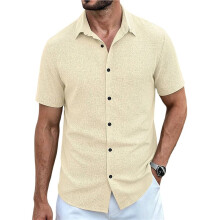 Herrenhemd, Kurzärmelig, mit Knopfleiste, Lässig, Sommer, Strandurlaub, Hochzeit, Leinenhemd Aprikosenfarbe XXL