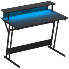 Gaming Desk with LED Lights and Power Outlets, 100 x 60cm Z Shaped Computer Desk with Monitor Stand and Steel Frame, Black