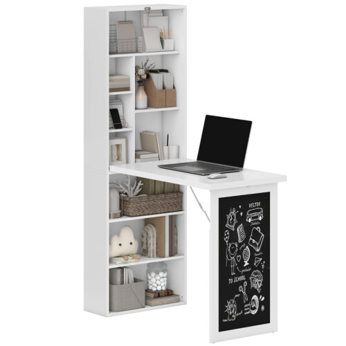 Wall Mounted Computer Desk, Folding Study Table with Black Board and Bookshelf, Multifunctional Floating Writing Desk for Home Office, White 2