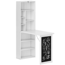Wall Mounted Computer Desk, Folding Study Table with Black Board and Bookshelf, Multifunctional Floating Writing Desk for Home Office, White