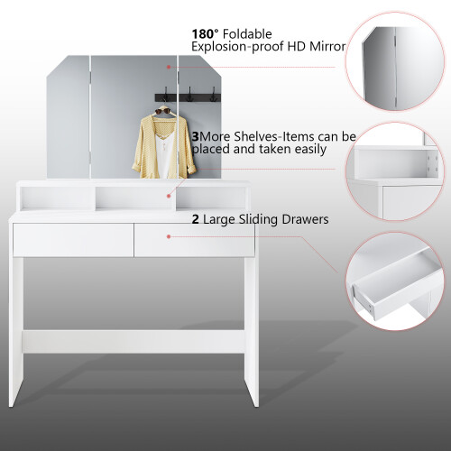 ELEGANT (Dressing Table Only) Elegant White Dressing Table with Tri-Fold Adjustable Mirror, Makeup Vanity Desk with Storage Compartments & Drawers 1